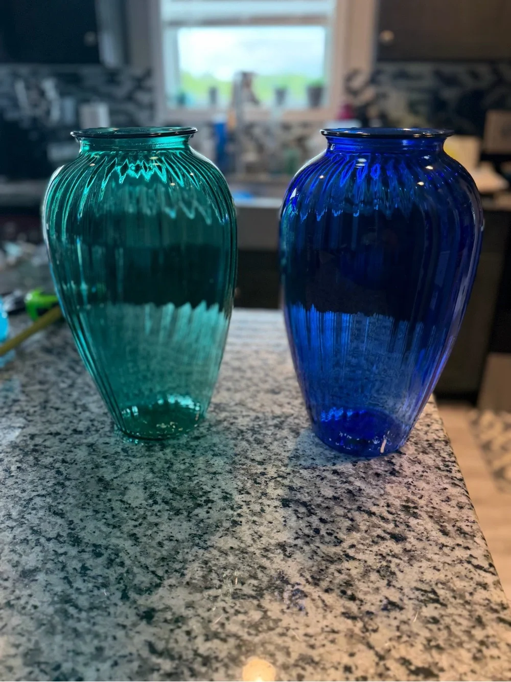 Blue and Teal Ribbed Glass Vases - Anchor Hocking